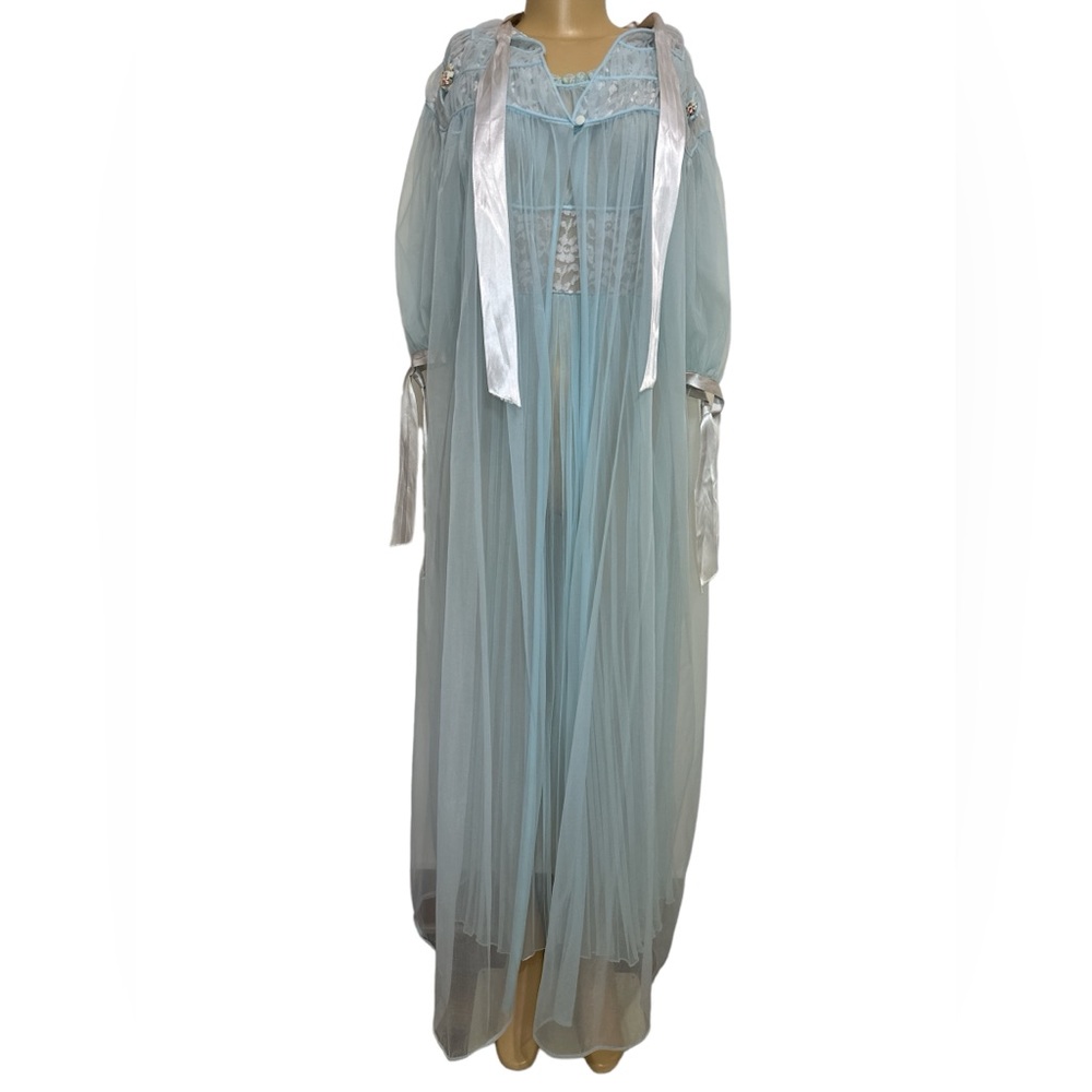 Vintage 1960s Peignoir Nylon Lingerie Set Liquid Satin Nightgown & Robe M